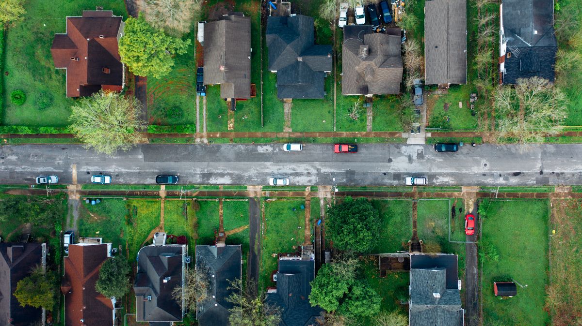 Aerial view of residential properties